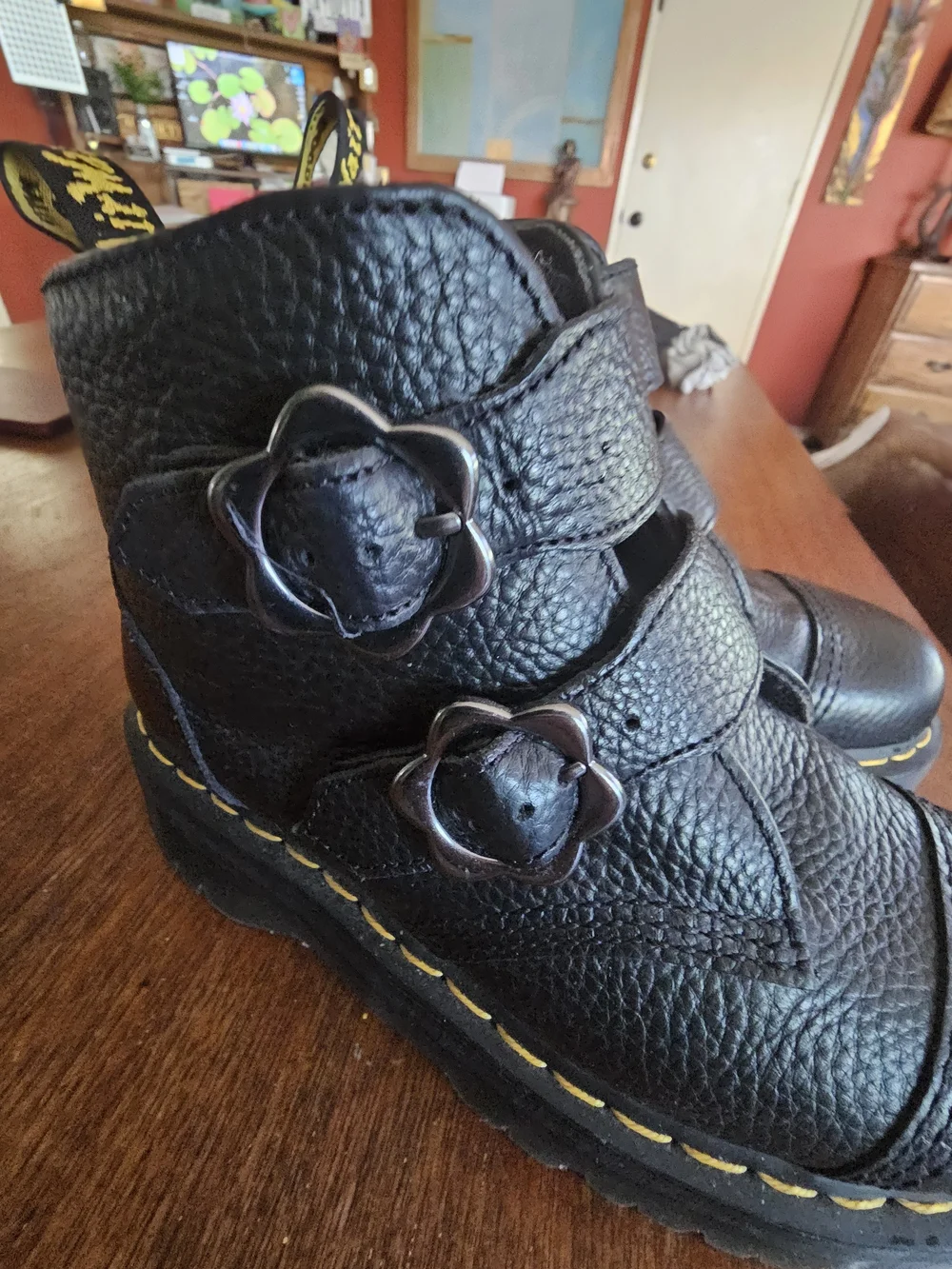 Dr. Martens Black Leather Daisy Flower-Buckle Ankle Boots 8